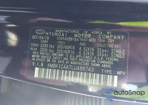 2020 Hyundai Kona Se из США, поврежденный, VIN KM8K1CAA7LU488743